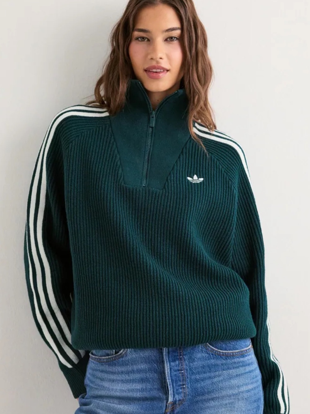 adidas Dark Green Ribbed Half-Zip Turtleneck Sweater with White Stripes